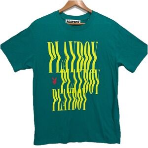 Playboy Pacsun Heat Wave T Shirt Teal Wavy Print Spell‎ Out Size small VTG